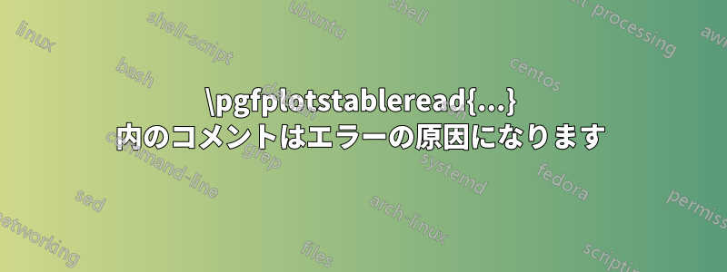 \pgfplotstableread{...} 内のコメントはエラーの原因になります