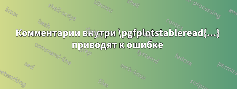 Комментарии внутри \pgfplotstableread{...} приводят к ошибке