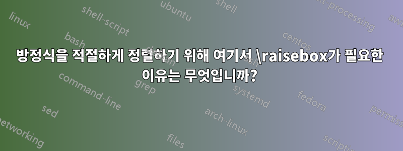 방정식을 적절하게 정렬하기 위해 여기서 \raisebox가 필요한 이유는 무엇입니까?