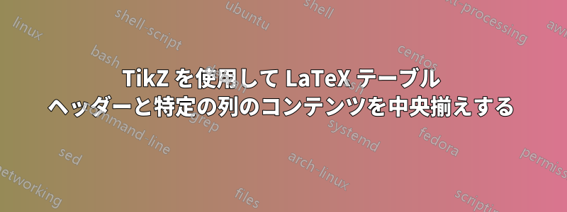 TikZ を使用して LaTeX テーブル ヘッダーと特定の列のコンテンツを中央揃えする