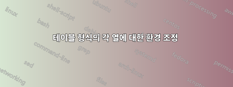 테이블 형식의 각 열에 대한 환경 조정