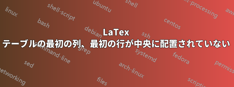 LaTex テーブルの最初の列、最初の行が中央に配置されていない