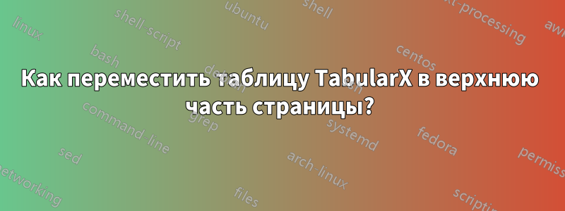 Как переместить таблицу TabularX в верхнюю часть страницы?