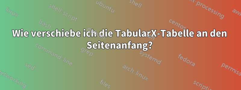 Wie verschiebe ich die TabularX-Tabelle an den Seitenanfang?