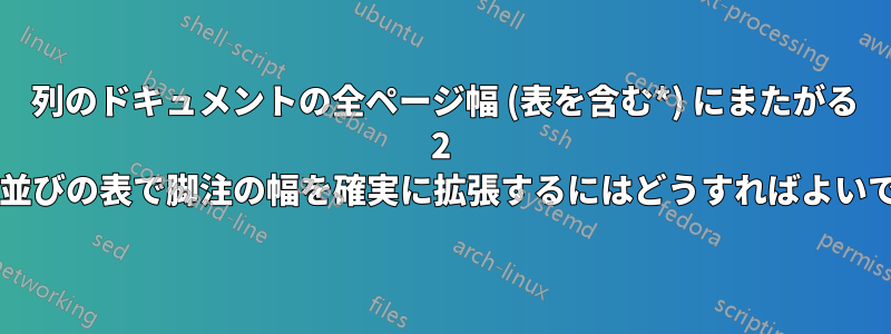 2 列のドキュメントの全ページ幅 (表を含む*) にまたがる 2 つの横並びの表で脚注の幅を確実に拡張するにはどうすればよいですか?