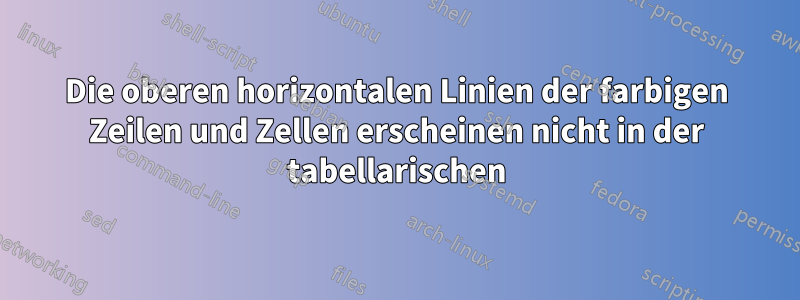 Die oberen horizontalen Linien der farbigen Zeilen und Zellen erscheinen nicht in der tabellarischen