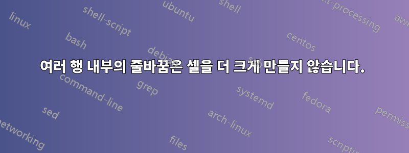 여러 행 내부의 줄바꿈은 셀을 더 크게 만들지 않습니다.