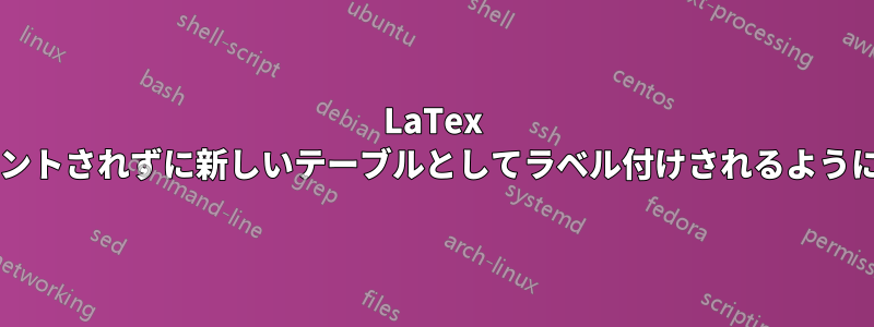 LaTex テーブル、テーブルの続編がカウントされずに新しいテーブルとしてラベル付けされるようにするにはどうすればよいですか?