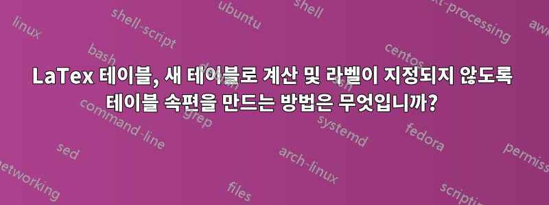 LaTex 테이블, 새 테이블로 계산 및 라벨이 지정되지 않도록 테이블 속편을 만드는 방법은 무엇입니까?