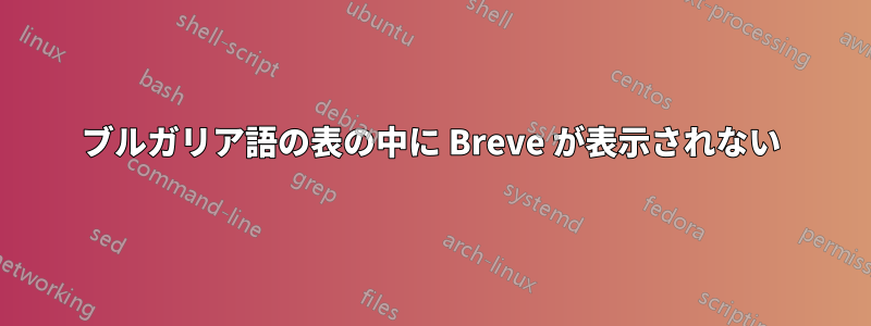 ブルガリア語の表の中に Breve が表示されない