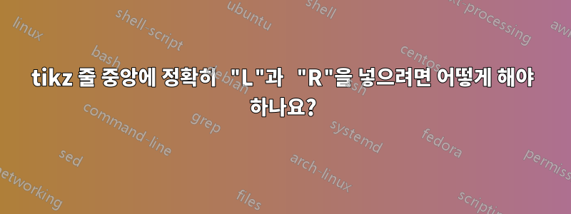 tikz 줄 중앙에 정확히 "L"과 "R"을 넣으려면 어떻게 해야 하나요?