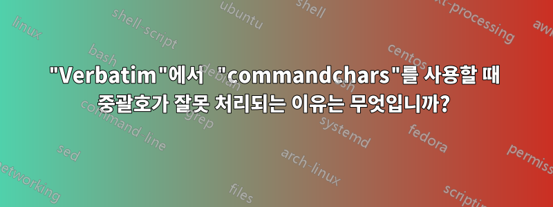 "Verbatim"에서 "commandchars"를 사용할 때 중괄호가 잘못 처리되는 이유는 무엇입니까?