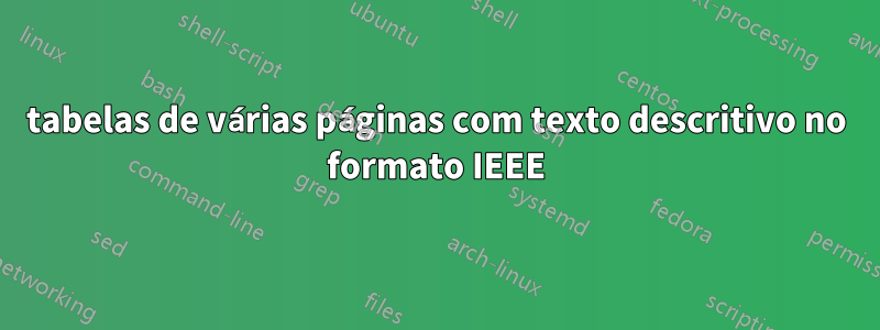 tabelas de várias páginas com texto descritivo no formato IEEE