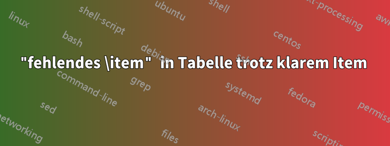 "fehlendes \item" in Tabelle trotz klarem Item