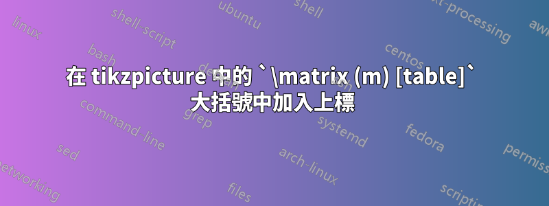 在 tikzpicture 中的 `\matrix (m) [table]` 大括號中加入上標