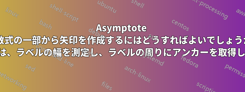 Asymptote で数式の一部から矢印を作成するにはどうすればよいでしょうか? (または、ラベルの幅を測定し、ラベルの周りにアンカーを取得します)