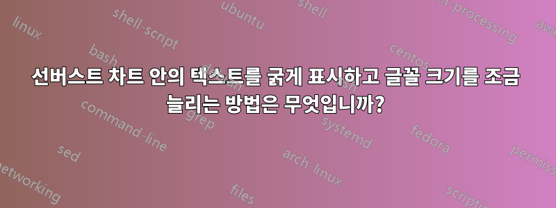 선버스트 차트 안의 텍스트를 굵게 표시하고 글꼴 크기를 조금 늘리는 방법은 무엇입니까?