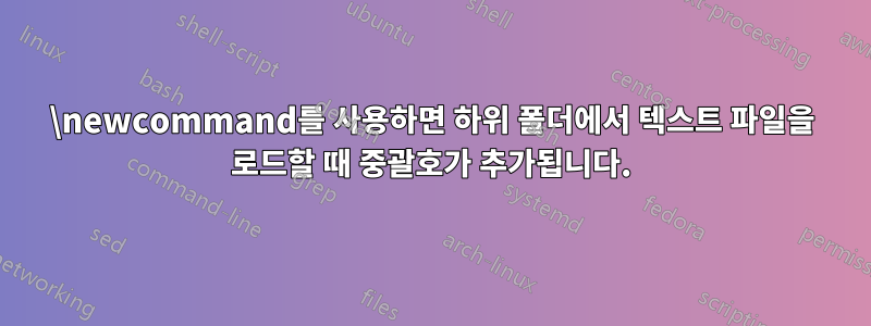 \newcommand를 사용하면 하위 폴더에서 텍스트 파일을 로드할 때 중괄호가 추가됩니다.