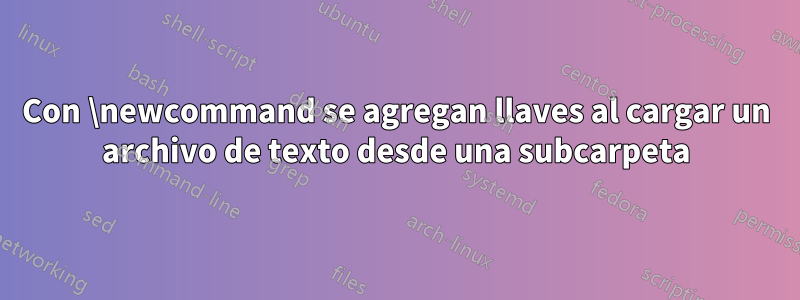 Con \newcommand se agregan llaves al cargar un archivo de texto desde una subcarpeta