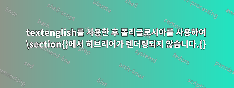 textenglish를 사용한 후 폴리글로시아를 사용하여 \section{}에서 히브리어가 렌더링되지 않습니다.{}