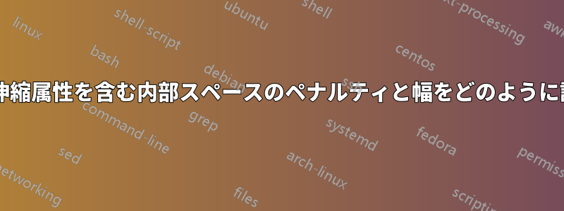 ドイツ語の略語内で、伸縮属性を含む内部スペースのペナルティと幅をどのように設定するのでしょうか?