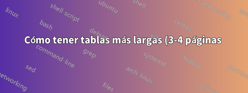 Cómo tener tablas más largas (3-4 páginas) y más anchas en Latex