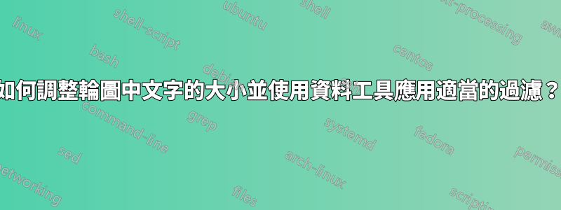 如何調整輪圖中文字的大小並使用資料工具應用適當的過濾？