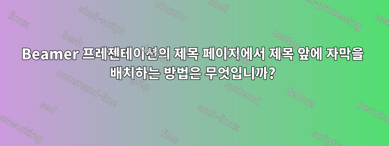 Beamer 프레젠테이션의 제목 페이지에서 제목 앞에 자막을 배치하는 방법은 무엇입니까?