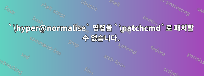 `\hyper@normalise` 명령을 `\patchcmd`로 패치할 수 없습니다.
