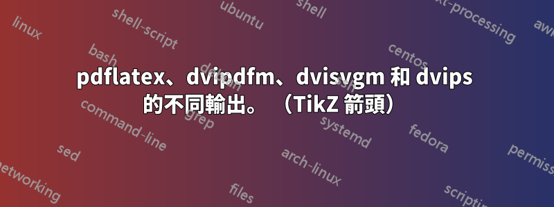 pdflatex、dvipdfm、dvisvgm 和 dvips 的不同輸出。 （TikZ 箭頭）