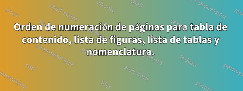 Orden de numeración de páginas para tabla de contenido, lista de figuras, lista de tablas y nomenclatura.