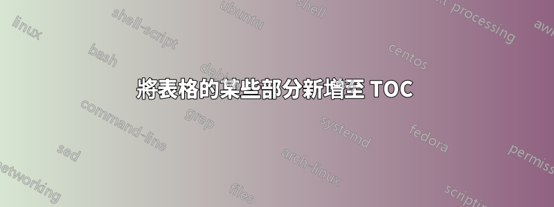 將表格的某些部分新增至 TOC