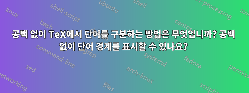 공백 없이 TeX에서 단어를 구분하는 방법은 무엇입니까? 공백 없이 단어 경계를 표시할 수 있나요?