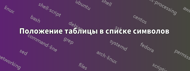 Положение таблицы в списке символов