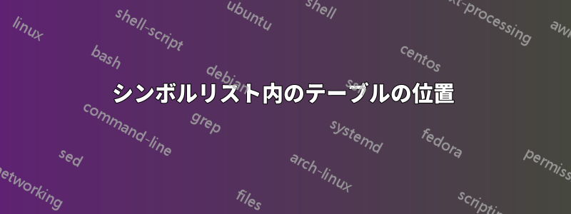 シンボルリスト内のテーブルの位置