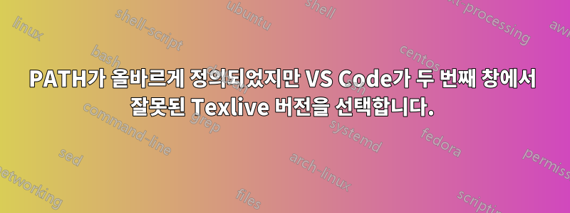 PATH가 올바르게 정의되었지만 VS Code가 두 번째 창에서 잘못된 Texlive 버전을 선택합니다.