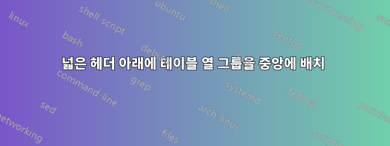 넓은 헤더 아래에 테이블 열 그룹을 중앙에 배치