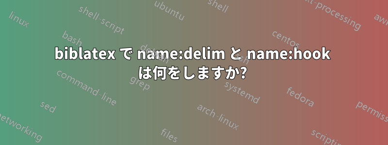 biblatex で name:delim と name:hook は何をしますか?