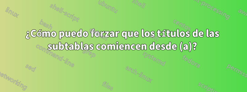 ¿Cómo puedo forzar que los títulos de las subtablas comiencen desde (a)?