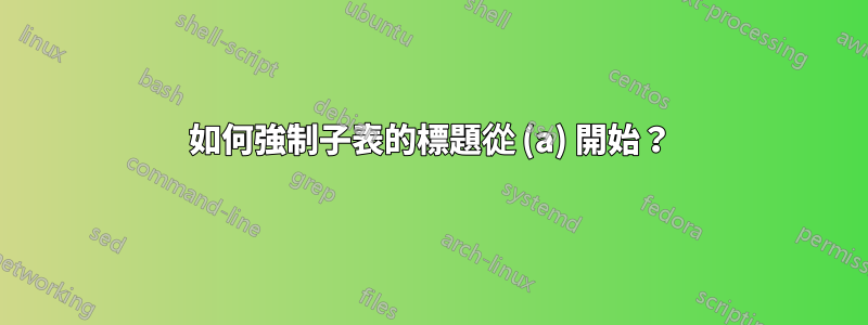 如何強制子表的標題從 (a) 開始？