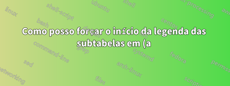 Como posso forçar o início da legenda das subtabelas em (a)?