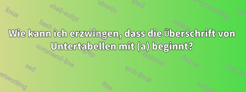 Wie kann ich erzwingen, dass die Überschrift von Untertabellen mit (a) beginnt?