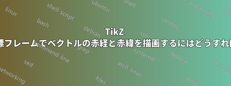 TikZ で回転した座標フレームでベクトルの赤経と赤緯を描画するにはどうすればよいですか?