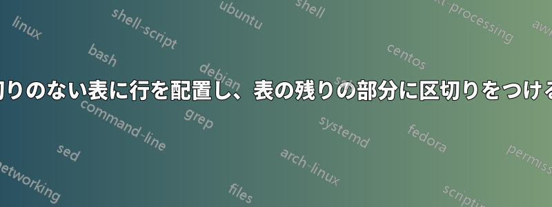 列区切りのない表に行を配置し、表の残りの部分に区切りをつける方法