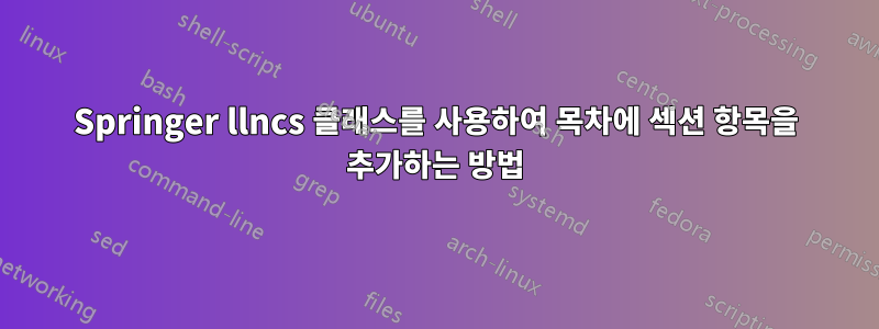 Springer llncs 클래스를 사용하여 목차에 섹션 항목을 추가하는 방법