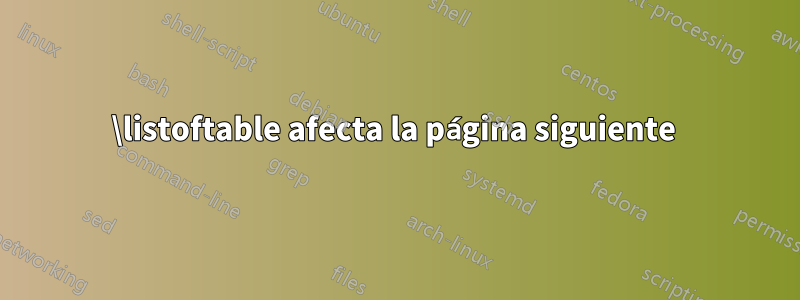 \listoftable afecta la página siguiente 