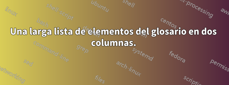 Una larga lista de elementos del glosario en dos columnas.