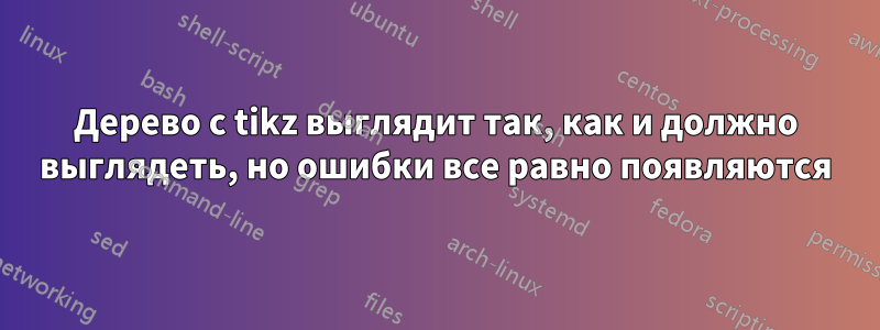 Дерево с tikz выглядит так, как и должно выглядеть, но ошибки все равно появляются