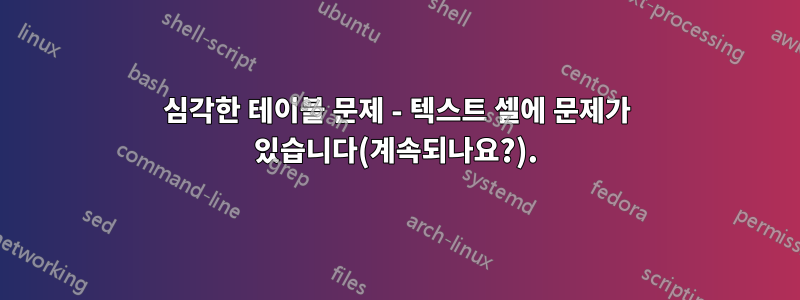 심각한 테이블 문제 - 텍스트 셀에 문제가 있습니다(계속되나요?).