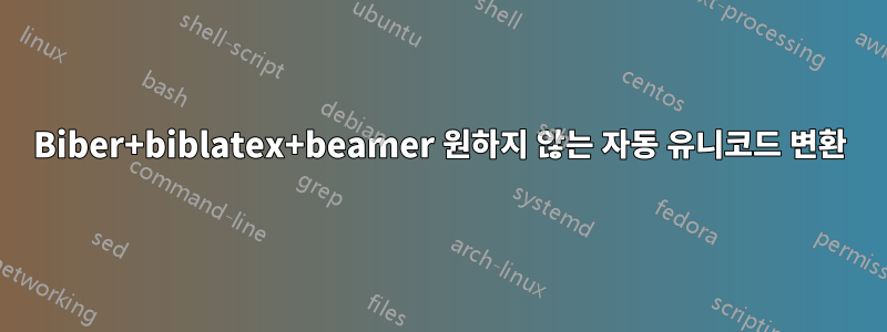 Biber+biblatex+beamer 원하지 않는 자동 유니코드 변환